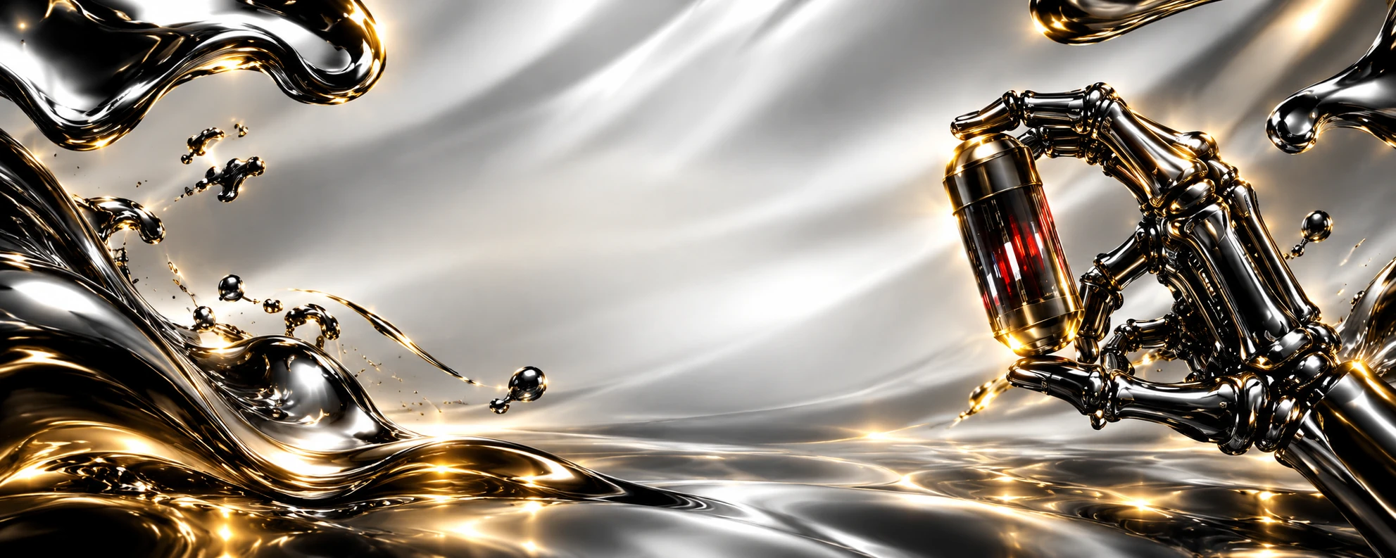 Reflective chrome and gold AUREX-inspired artwork with a precision robotic hand